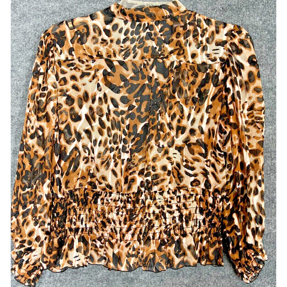Leopard Blouse Womens Small Cropped Ruched Black Gold Tan Safari Boho Hippie - Picture 4 of 6